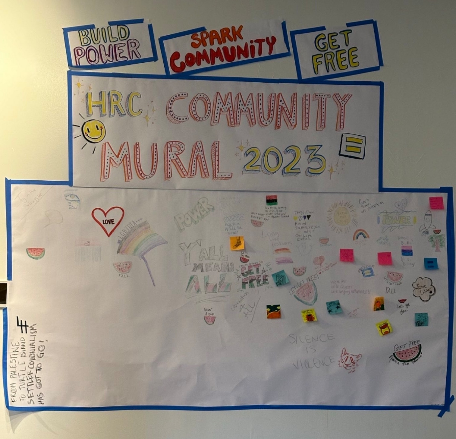 Photo of the HRC Community Mural during the 2023 retreat. The mural contains numerous pro-Palestine messages, watermelon iconography, and slogans like From The River To The Sea and Silence Is Violence. Above the mural are three slogans reading Build Power, Spark Community, and Get Free.